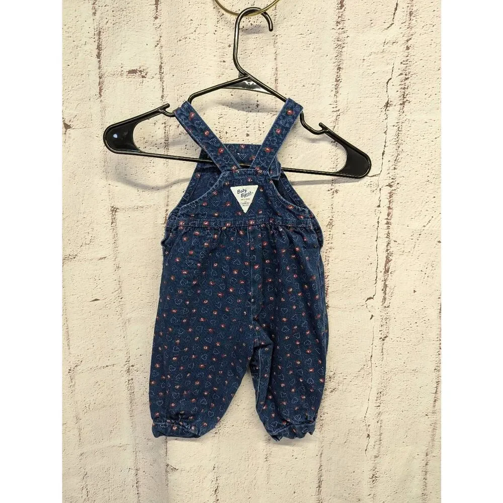 OshKosh Vintage Overalls Long Denim Red‎ Hearts Vestbak Size 12 M B'Gosh Made in